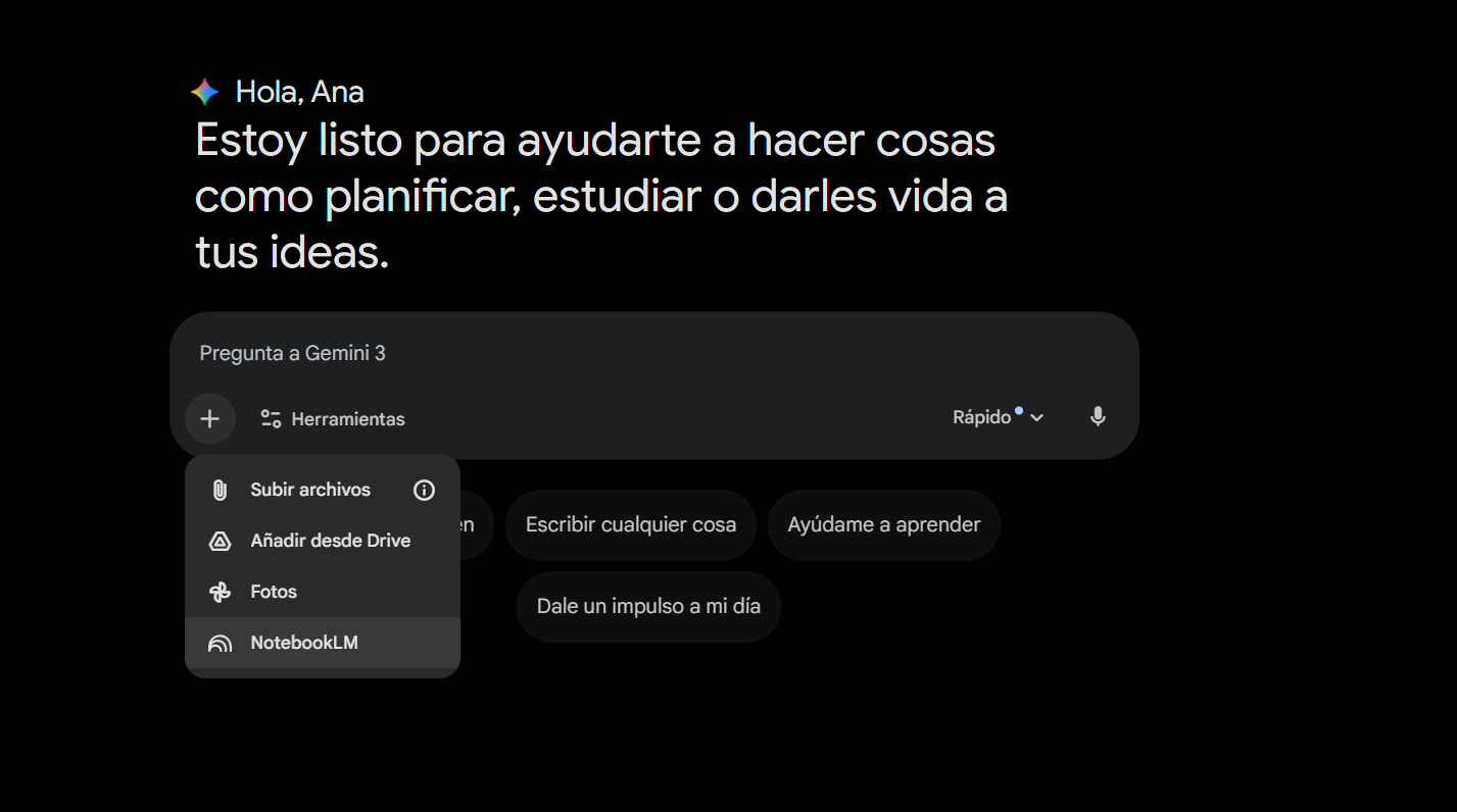 Captura de pantalla de la pantalla principal de Gemini
