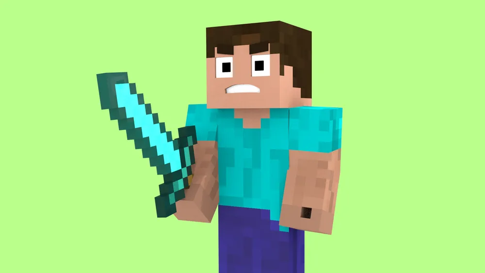 Personaje de Minecraft sujetando una espada.