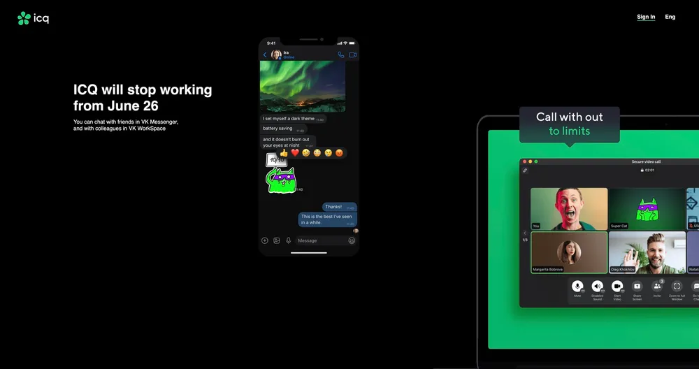 Web de ICQ en Mayo de 2024 anunciando el fin de la plataforma.