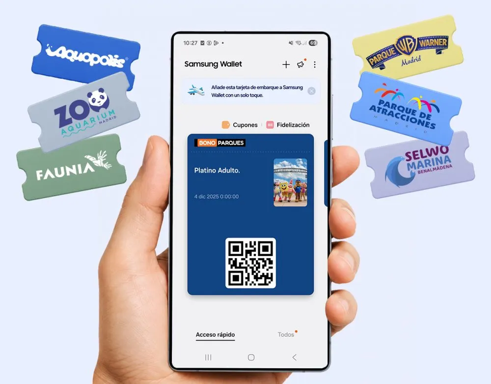 Imagen promocional de Samsung Wallet junto con varios de los parques, zoos y acuarios compatibles