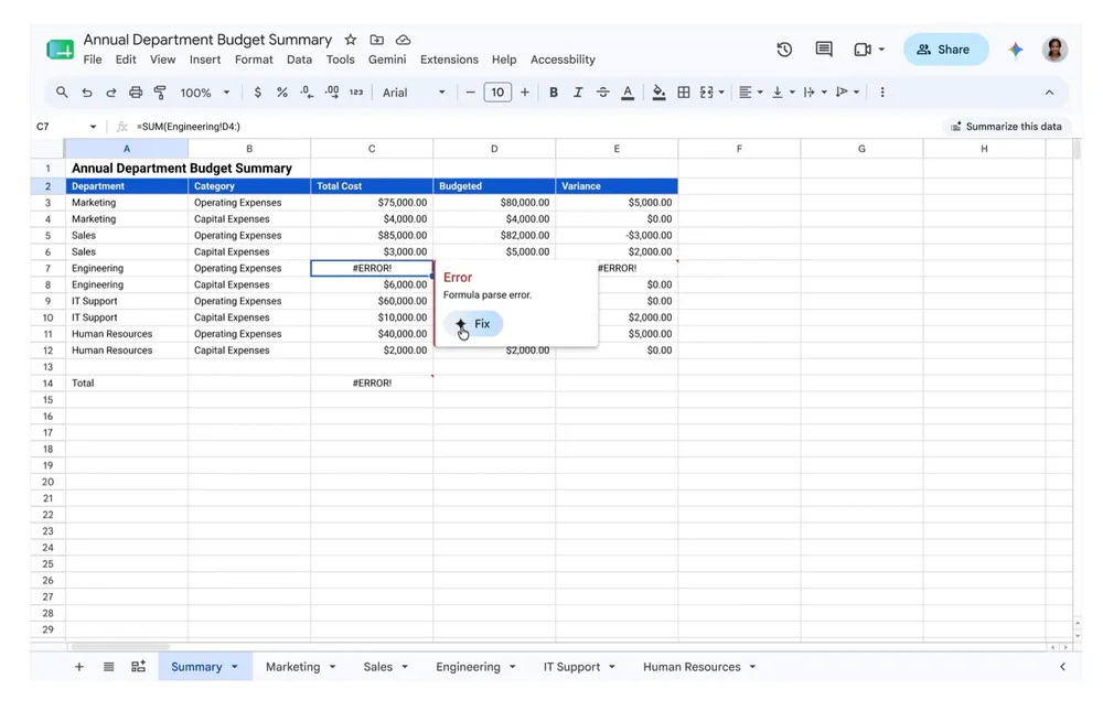 Gemini soluciona los errores de tus fórmulas en Google Sheets 